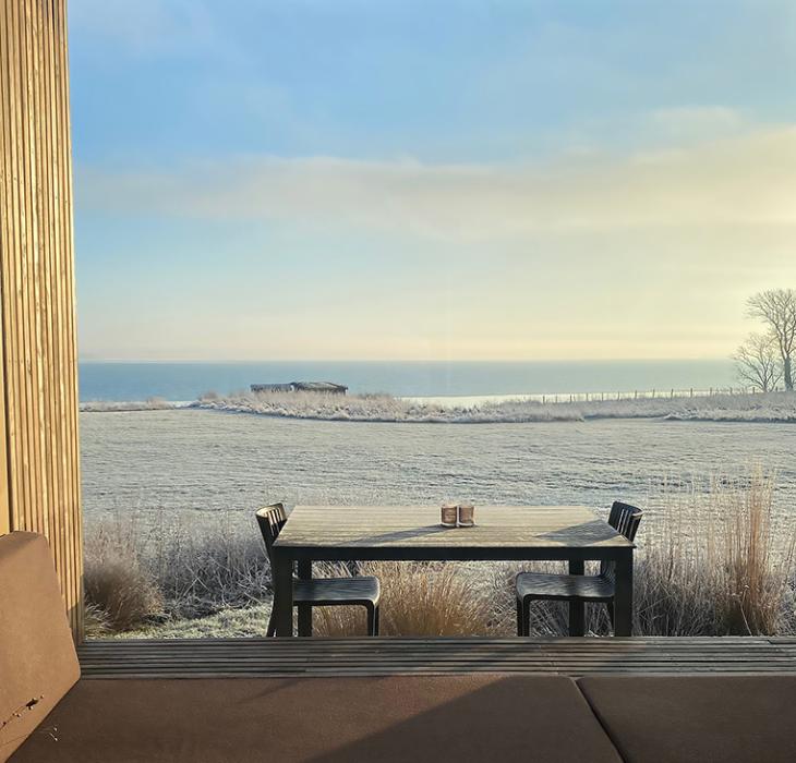 Udsigt fra Helnæs Mølle ferielejlighed om vinteren